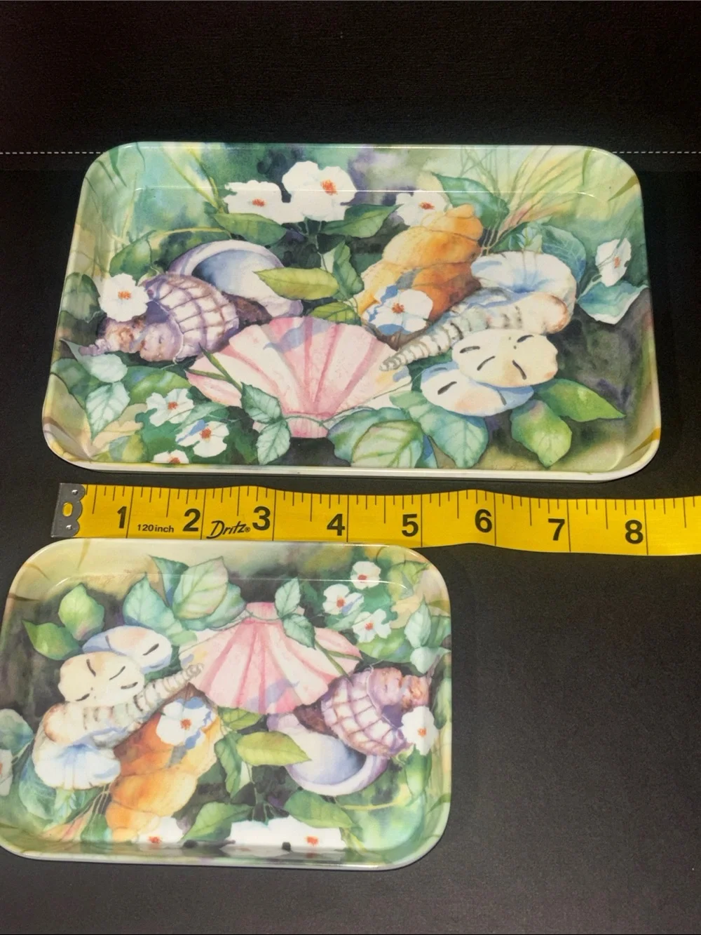 2 Vintage Italian tray set ocean shell floral botanical colorful trinket trays